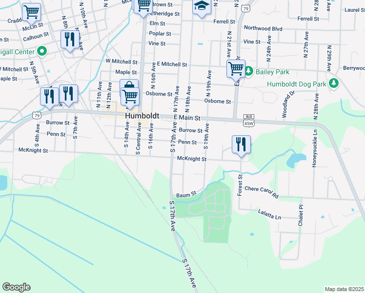 map of restaurants, bars, coffee shops, grocery stores, and more near 1719 McKnight Street in Humboldt