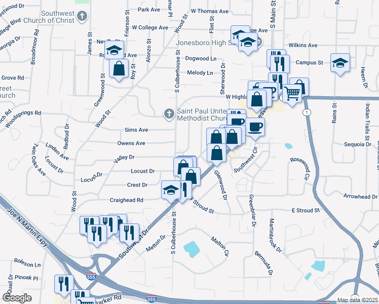 map of restaurants, bars, coffee shops, grocery stores, and more near 2318 Circle Drive in Jonesboro