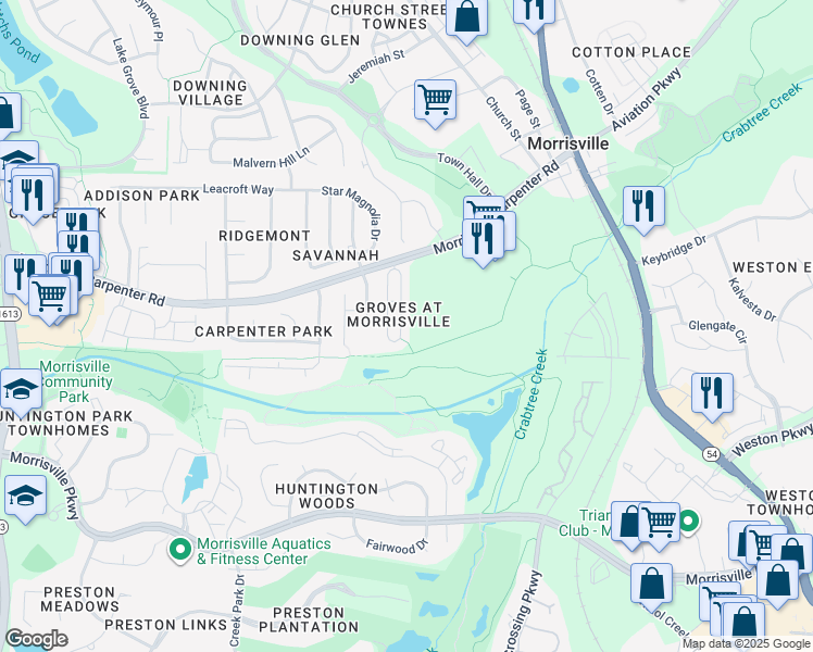 map of restaurants, bars, coffee shops, grocery stores, and more near 312 Misty Groves Circle in Morrisville