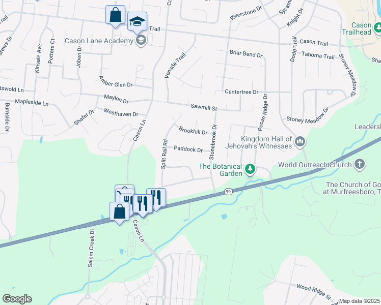 map of restaurants, bars, coffee shops, grocery stores, and more near 2432 Saddlewood Court in Murfreesboro