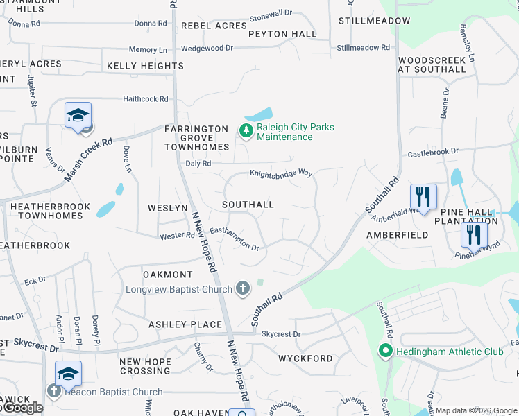 map of restaurants, bars, coffee shops, grocery stores, and more near 4401 Birmingham Way in Raleigh