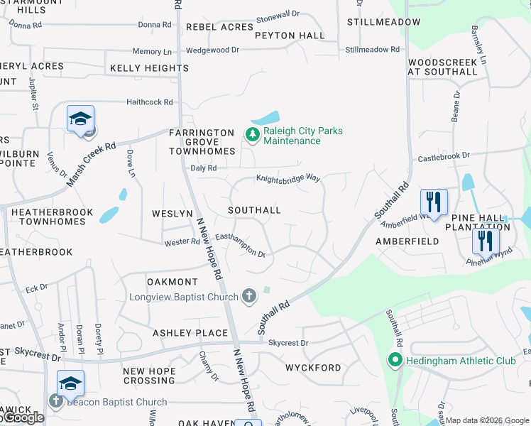 map of restaurants, bars, coffee shops, grocery stores, and more near 4401 Birmingham Way in Raleigh