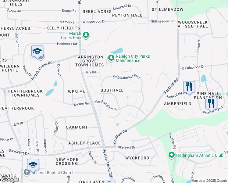 map of restaurants, bars, coffee shops, grocery stores, and more near 4401 Birmingham Way in Raleigh