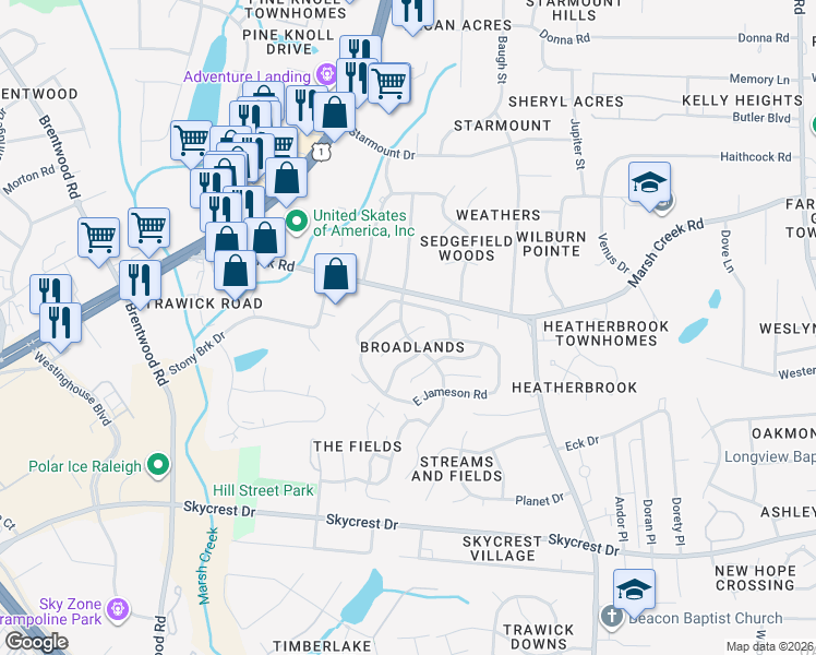 map of restaurants, bars, coffee shops, grocery stores, and more near 3020 West Folkestone Place in Raleigh