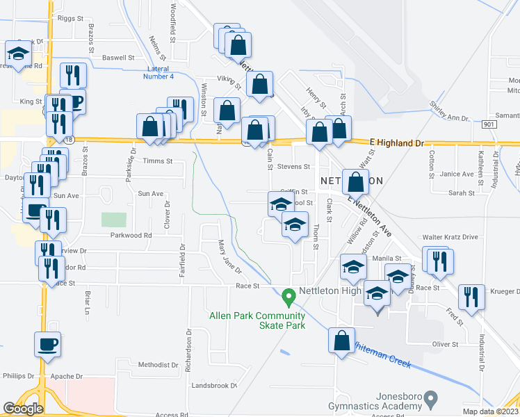 map of restaurants, bars, coffee shops, grocery stores, and more near 3718 Schley Street in Jonesboro