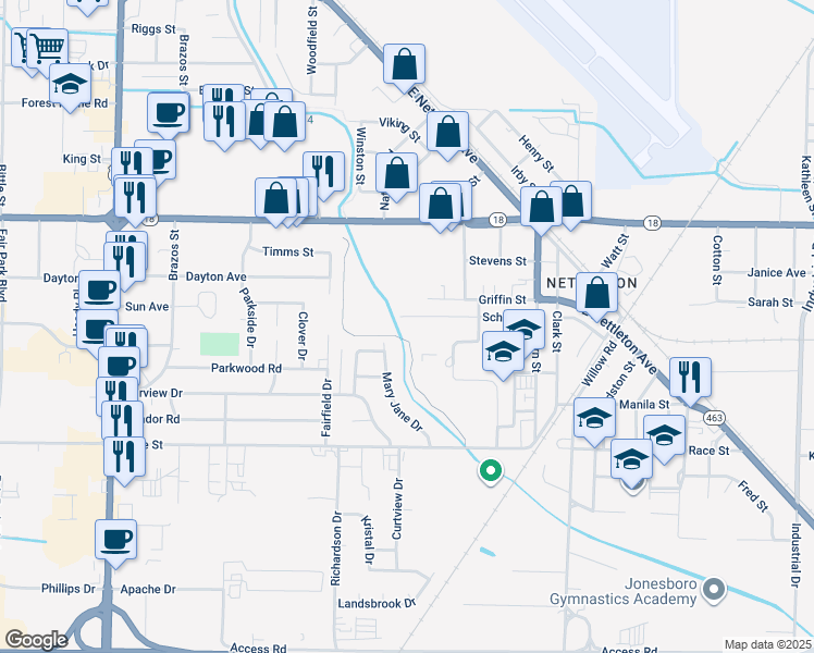 map of restaurants, bars, coffee shops, grocery stores, and more near 3611 1/2 School Street in Jonesboro