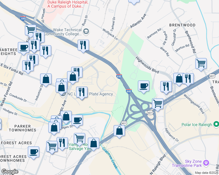 map of restaurants, bars, coffee shops, grocery stores, and more near 1570 Atria Circle in Raleigh