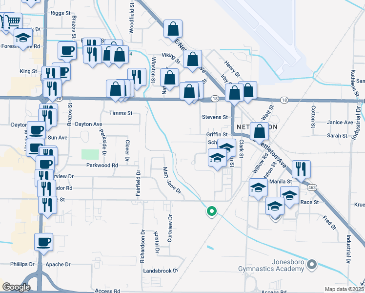 map of restaurants, bars, coffee shops, grocery stores, and more near 3611 1/2 School Street in Jonesboro