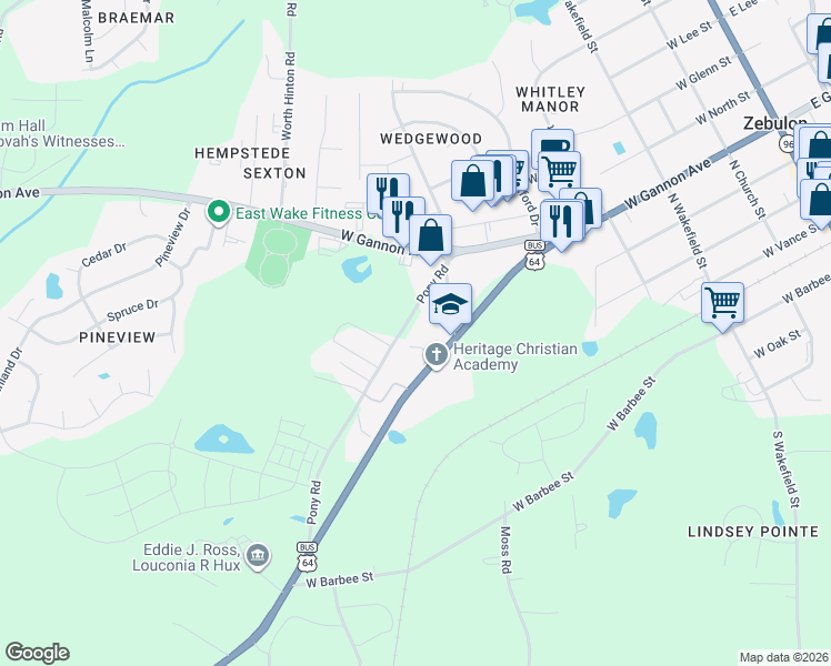 map of restaurants, bars, coffee shops, grocery stores, and more near 302 Pony Road in Zebulon