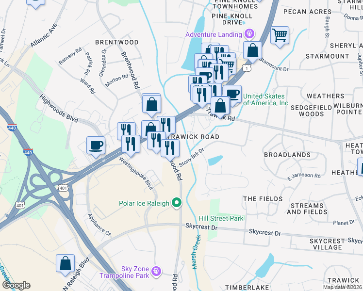 map of restaurants, bars, coffee shops, grocery stores, and more near 2926 Capital Boulevard in Raleigh