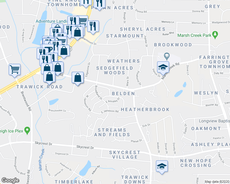 map of restaurants, bars, coffee shops, grocery stores, and more near 3308 Gatcombe Place in Raleigh