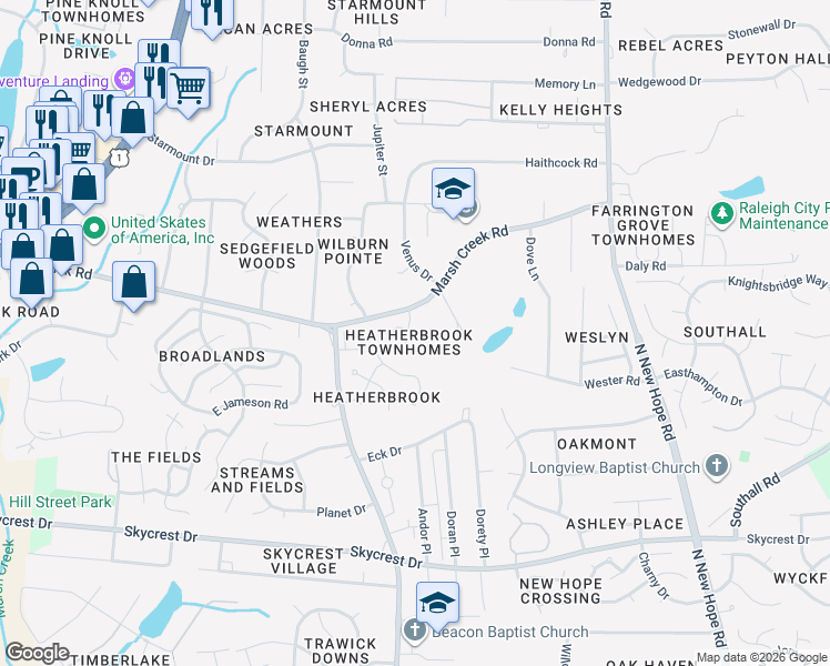 map of restaurants, bars, coffee shops, grocery stores, and more near 3630 Marsh Creek Road in Raleigh