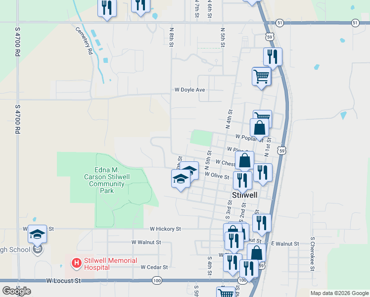 map of restaurants, bars, coffee shops, grocery stores, and more near 210 North 6th Place in Stilwell