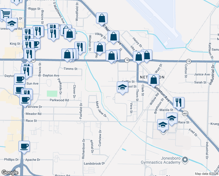 map of restaurants, bars, coffee shops, grocery stores, and more near 3606 School Street in Jonesboro