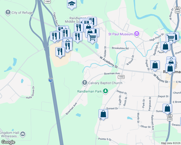 map of restaurants, bars, coffee shops, grocery stores, and more near 4121 Bentley Drive in Randleman