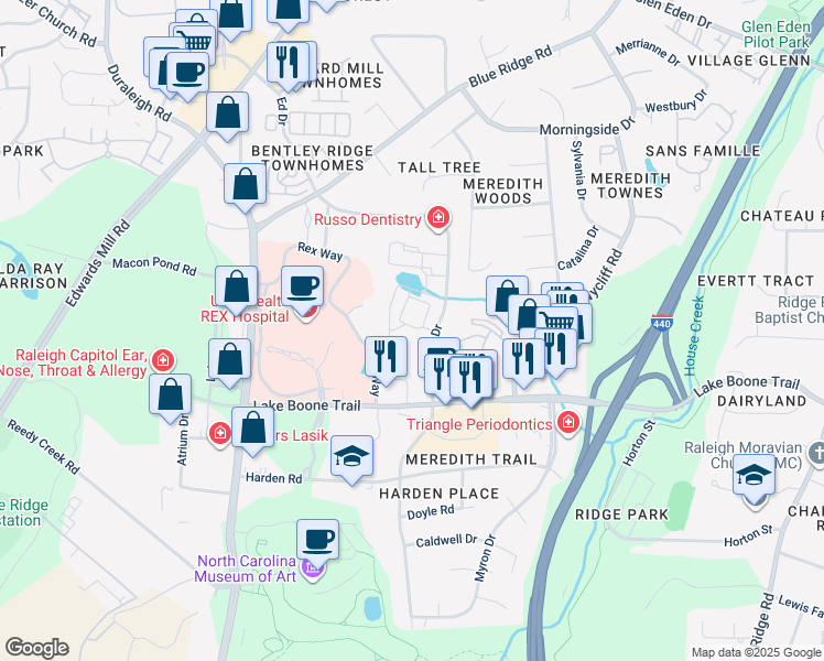 map of restaurants, bars, coffee shops, grocery stores, and more near 2515 Landmark Drive in Raleigh