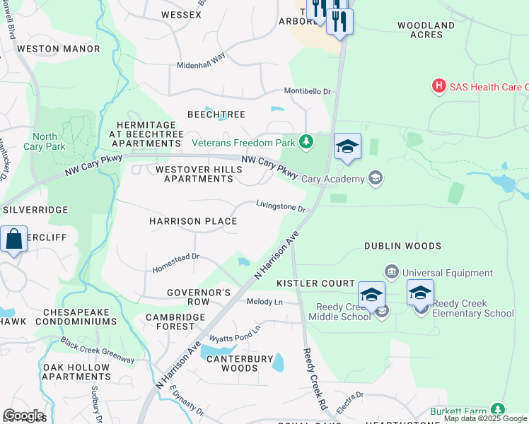 map of restaurants, bars, coffee shops, grocery stores, and more near 113 Livingstone Drive in Cary