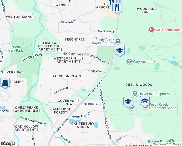 map of restaurants, bars, coffee shops, grocery stores, and more near 113 Livingstone Drive in Cary