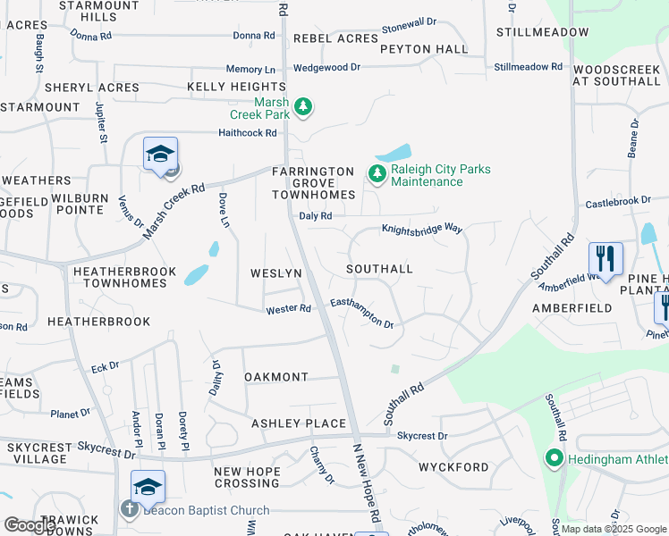 map of restaurants, bars, coffee shops, grocery stores, and more near 4233 Birmingham Way in Raleigh