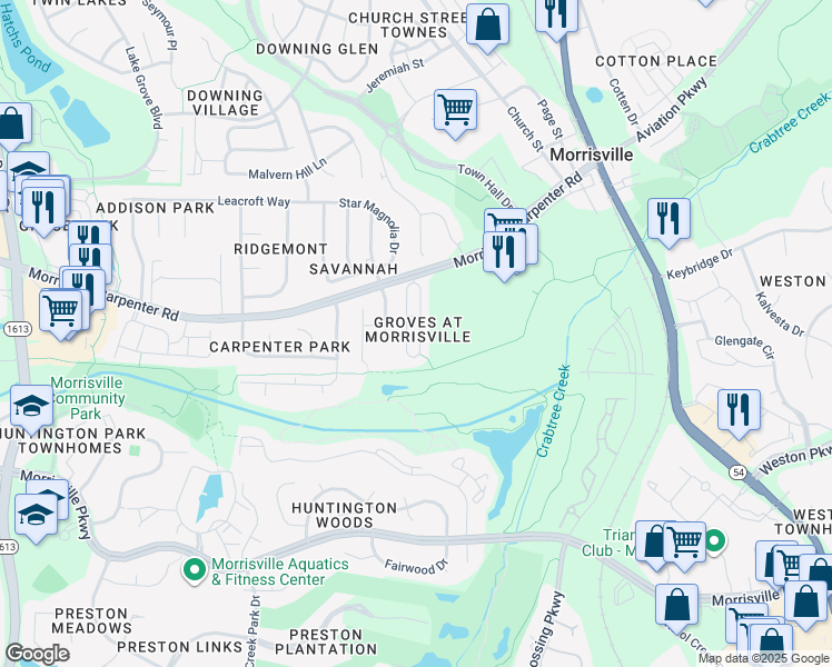 map of restaurants, bars, coffee shops, grocery stores, and more near 103 Fox Trail Lane in Morrisville