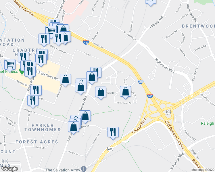 map of restaurants, bars, coffee shops, grocery stores, and more near 2821 Wilshire Hill Drive in Raleigh