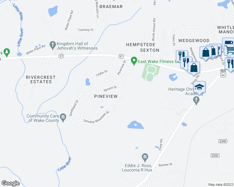 map of restaurants, bars, coffee shops, grocery stores, and more near 1302 Sasswood Lane in Zebulon