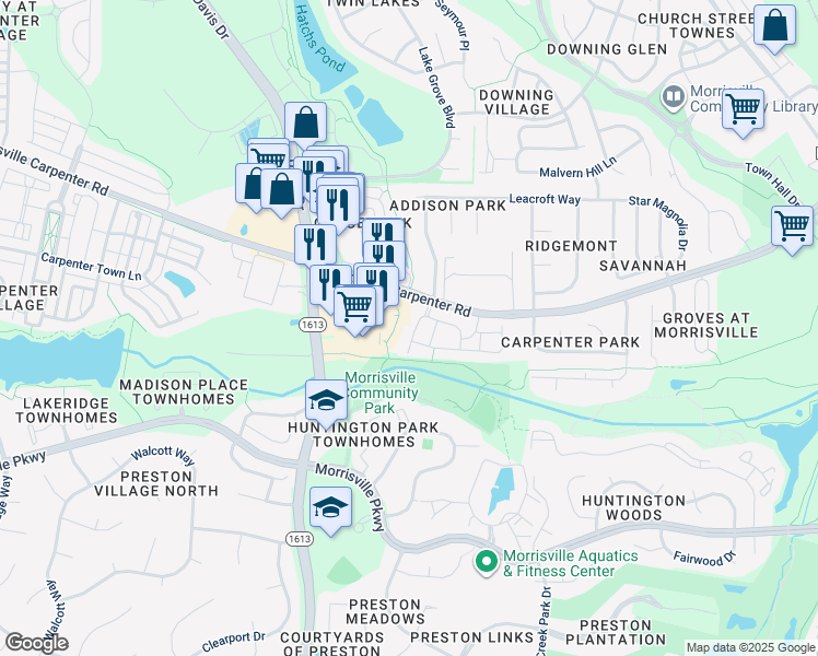 map of restaurants, bars, coffee shops, grocery stores, and more near 200 Madres Lane in Morrisville