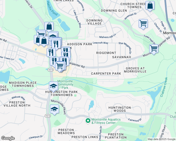 map of restaurants, bars, coffee shops, grocery stores, and more near 1113 Chenille Drive in Morrisville