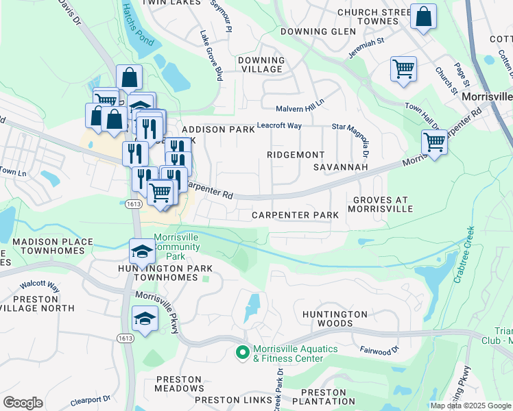 map of restaurants, bars, coffee shops, grocery stores, and more near 4021 Claret Lane in Morrisville