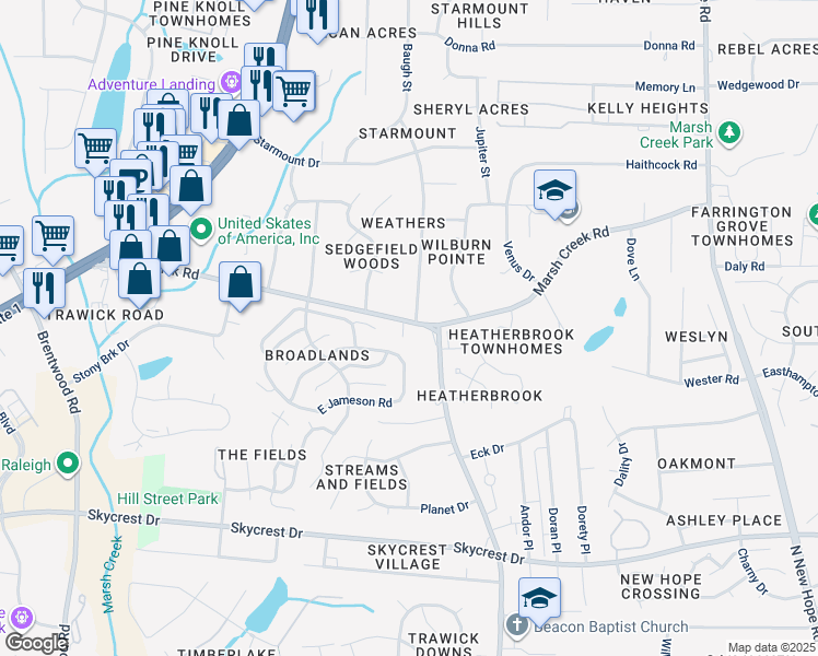 map of restaurants, bars, coffee shops, grocery stores, and more near 2716 Denbel Circle in Raleigh