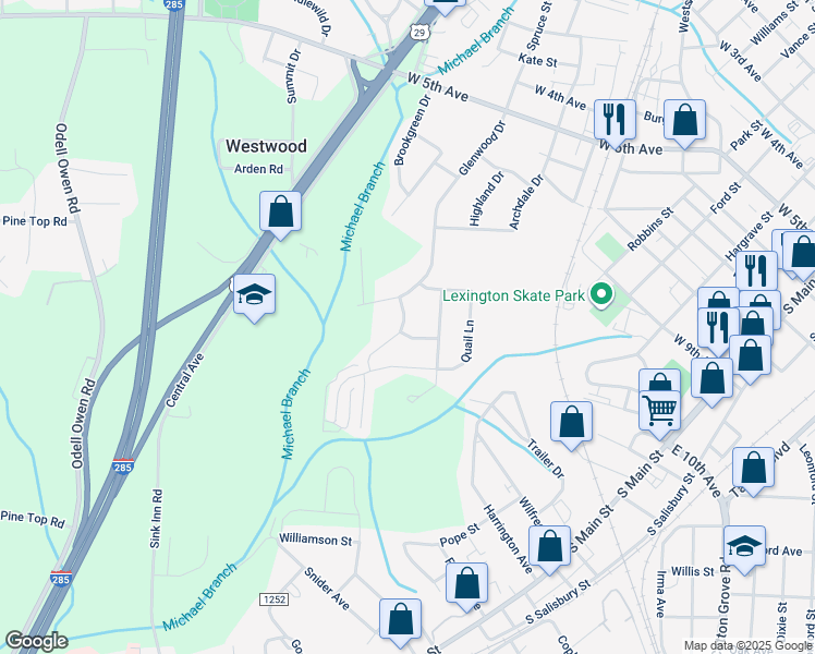 map of restaurants, bars, coffee shops, grocery stores, and more near 101 Chickadee Drive in Lexington