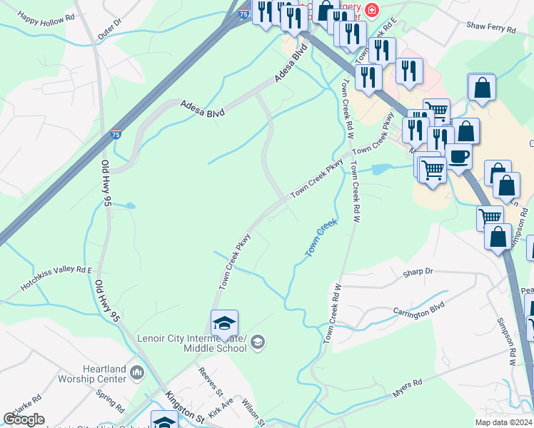 map of restaurants, bars, coffee shops, grocery stores, and more near Town Creek Parkway in Lenoir City