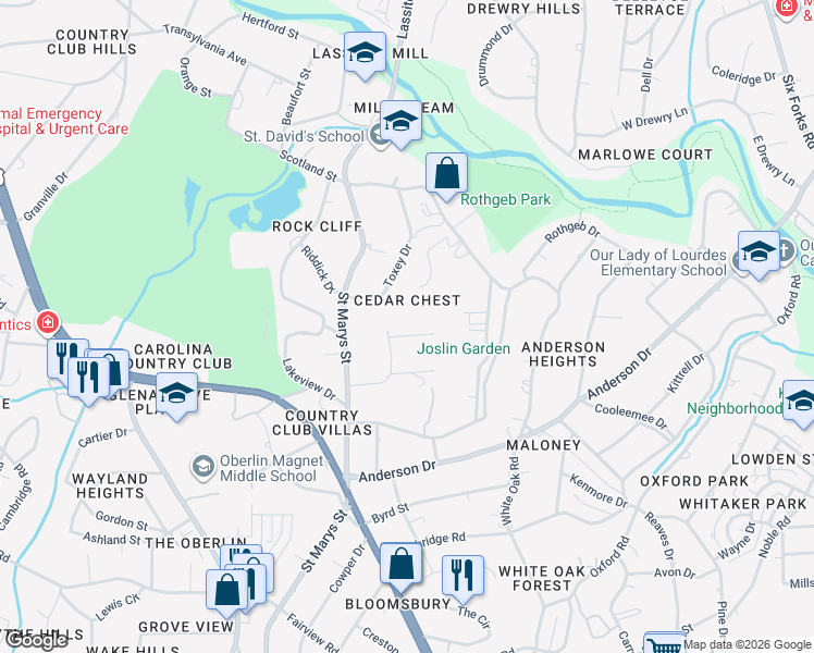 map of restaurants, bars, coffee shops, grocery stores, and more near 2312 Gaddy Drive in Raleigh