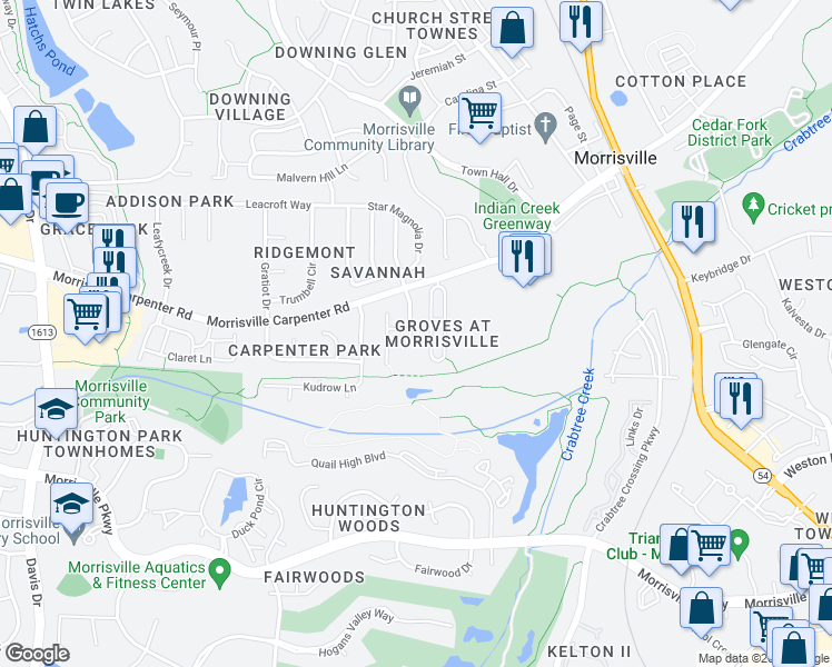map of restaurants, bars, coffee shops, grocery stores, and more near 201 Orianna Drive in Morrisville