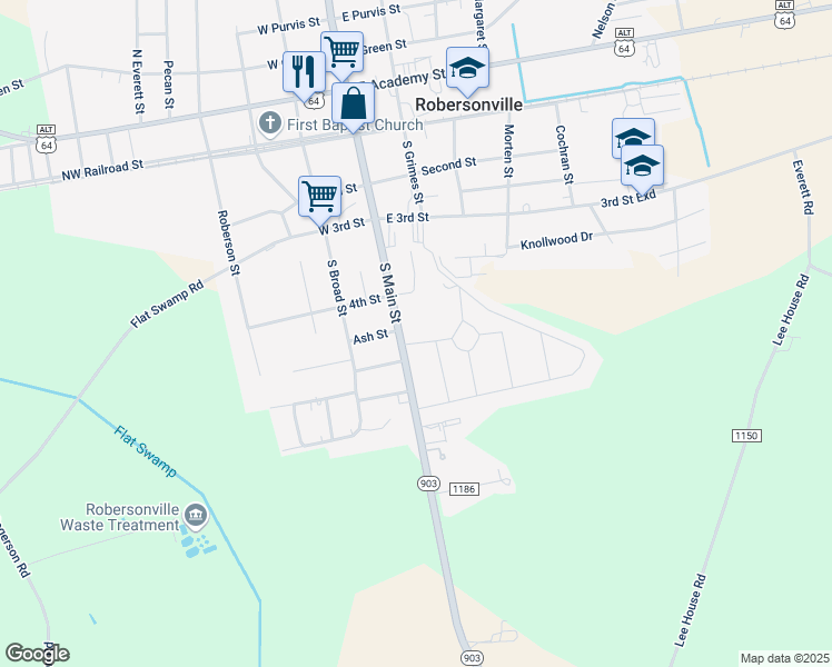 map of restaurants, bars, coffee shops, grocery stores, and more near 402 South Main Street in Robersonville