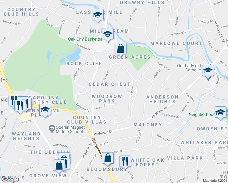 map of restaurants, bars, coffee shops, grocery stores, and more near 2304 Gaddy Drive in Raleigh