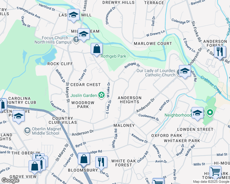 map of restaurants, bars, coffee shops, grocery stores, and more near 2444 East Lake Drive in Raleigh