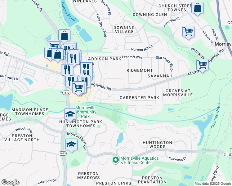 map of restaurants, bars, coffee shops, grocery stores, and more near 925 Linen Drive in Morrisville