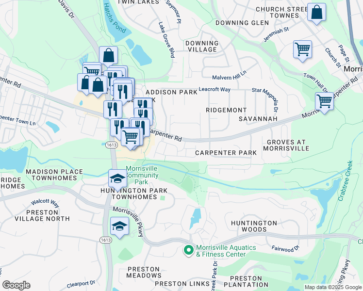 map of restaurants, bars, coffee shops, grocery stores, and more near 925 Linen Drive in Morrisville