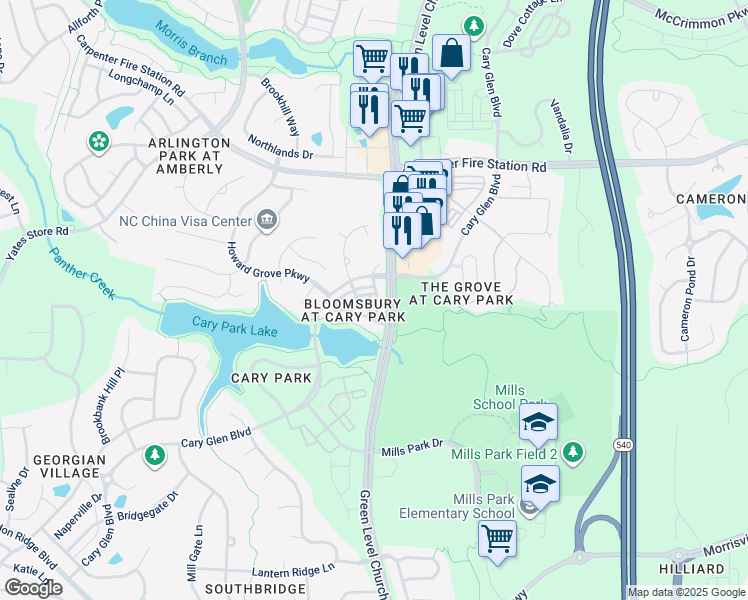 map of restaurants, bars, coffee shops, grocery stores, and more near 105 Braeside Court in Cary