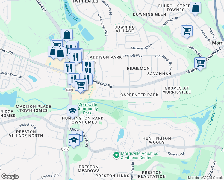 map of restaurants, bars, coffee shops, grocery stores, and more near 925 Linen Drive in Morrisville