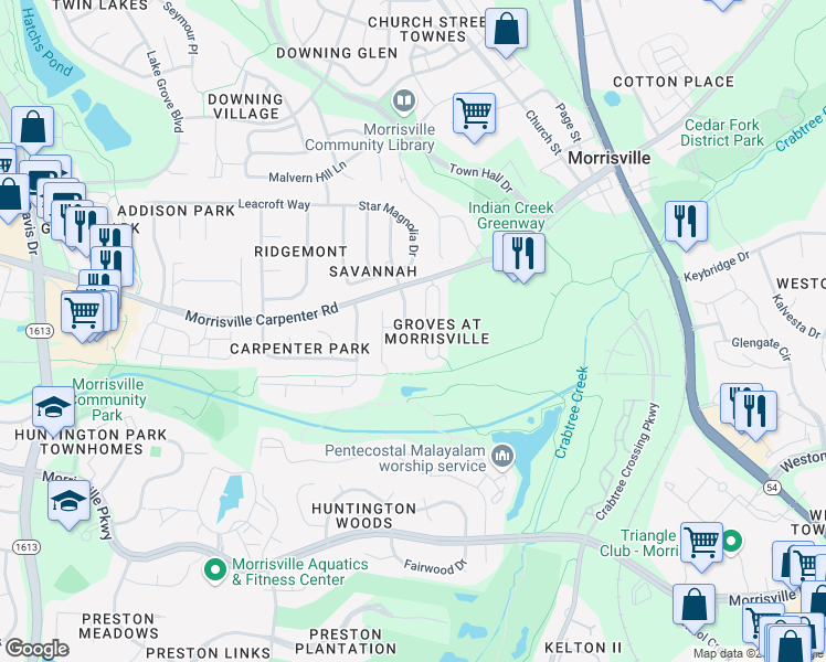 map of restaurants, bars, coffee shops, grocery stores, and more near 201 Orianna Drive in Morrisville