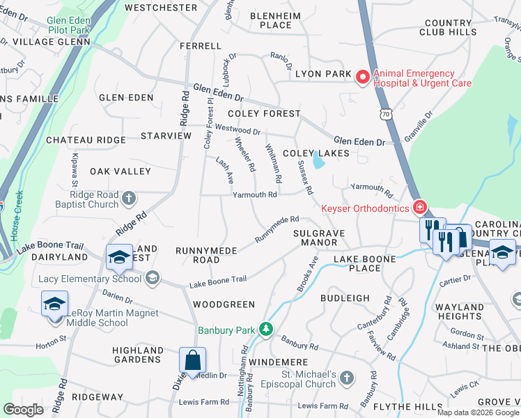 map of restaurants, bars, coffee shops, grocery stores, and more near 705 Yarmouth Road in Raleigh