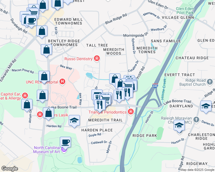 map of restaurants, bars, coffee shops, grocery stores, and more near 2421 Wycliff Road in Raleigh