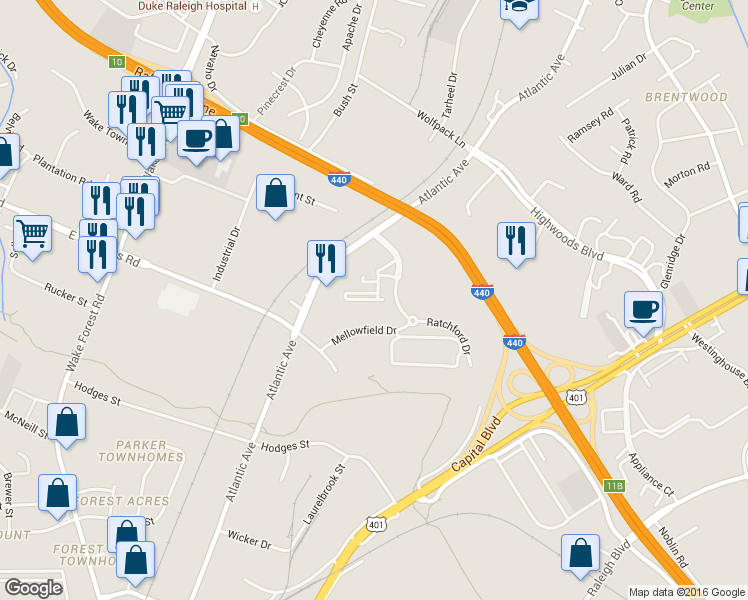 map of restaurants, bars, coffee shops, grocery stores, and more near 2821 Wilshire Hill Drive in Raleigh