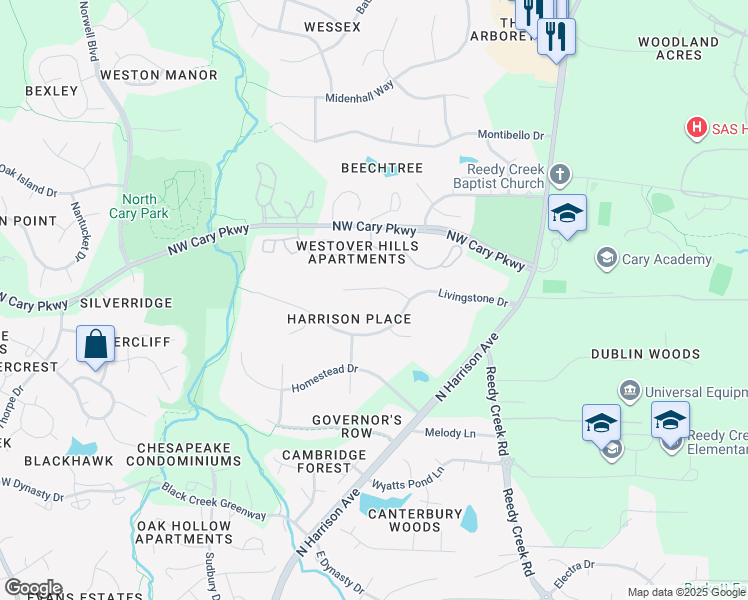 map of restaurants, bars, coffee shops, grocery stores, and more near 108 Canberra Court in Cary