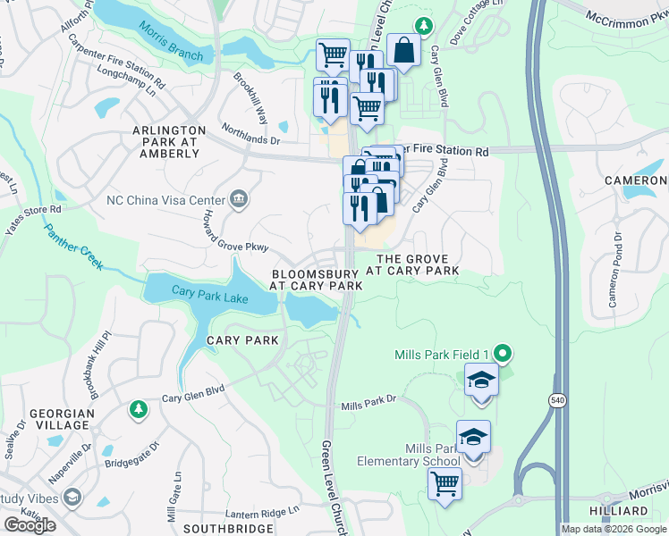 map of restaurants, bars, coffee shops, grocery stores, and more near 105 Braeside Court in Cary