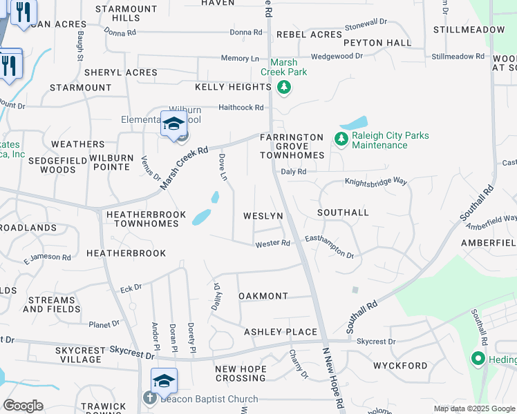 map of restaurants, bars, coffee shops, grocery stores, and more near 2845 Roundleaf Court in Raleigh