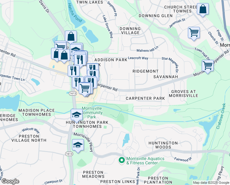 map of restaurants, bars, coffee shops, grocery stores, and more near 925 Linen Drive in Morrisville