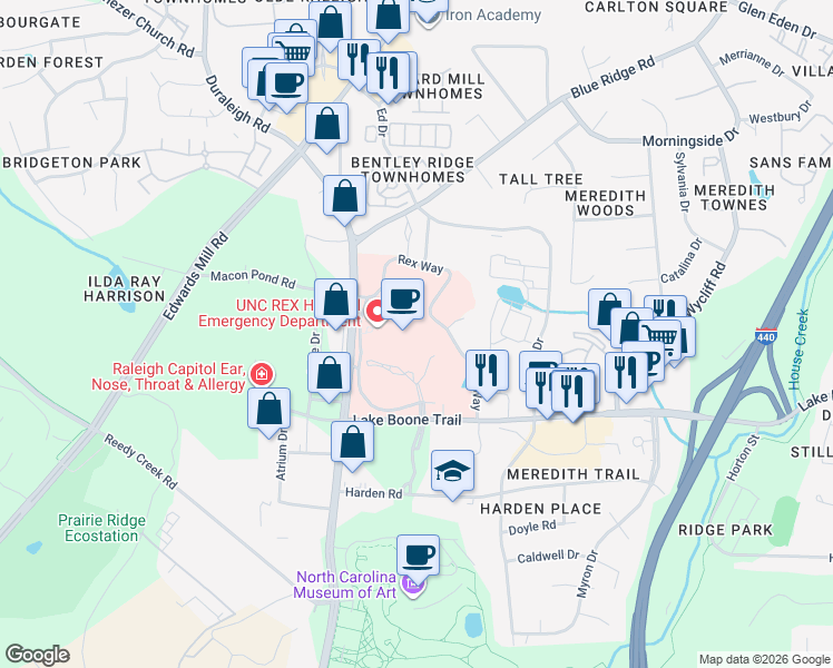 map of restaurants, bars, coffee shops, grocery stores, and more near 2810 Blue Ridge Road in Raleigh